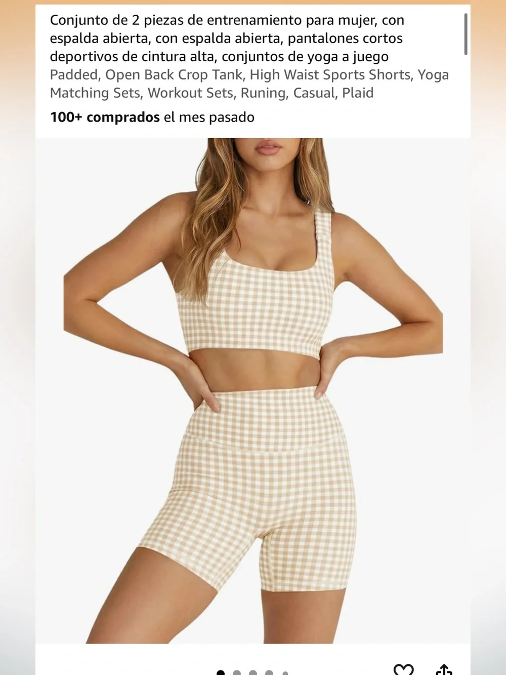 Amazon Women's Beige Gingham High-Waist Athletic Shorts & Crop Tank Set size m